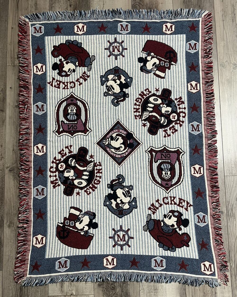 Disney Mickey Mouse Nautical Woven Tapestry Throw Blanket Airplane Sailor Fringe